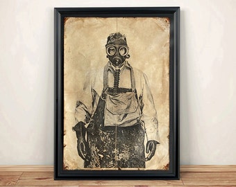 Aged Reproduction of a gas masked man. Art Print - A4 size.