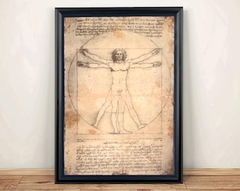 Vitruvian Man Aged Print of Da Vinci's illustration - Art Print A4 size.