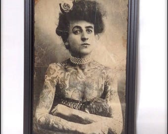 Aged reproduction print of an old time Victorian tattooed lady - Art Print A4 size.