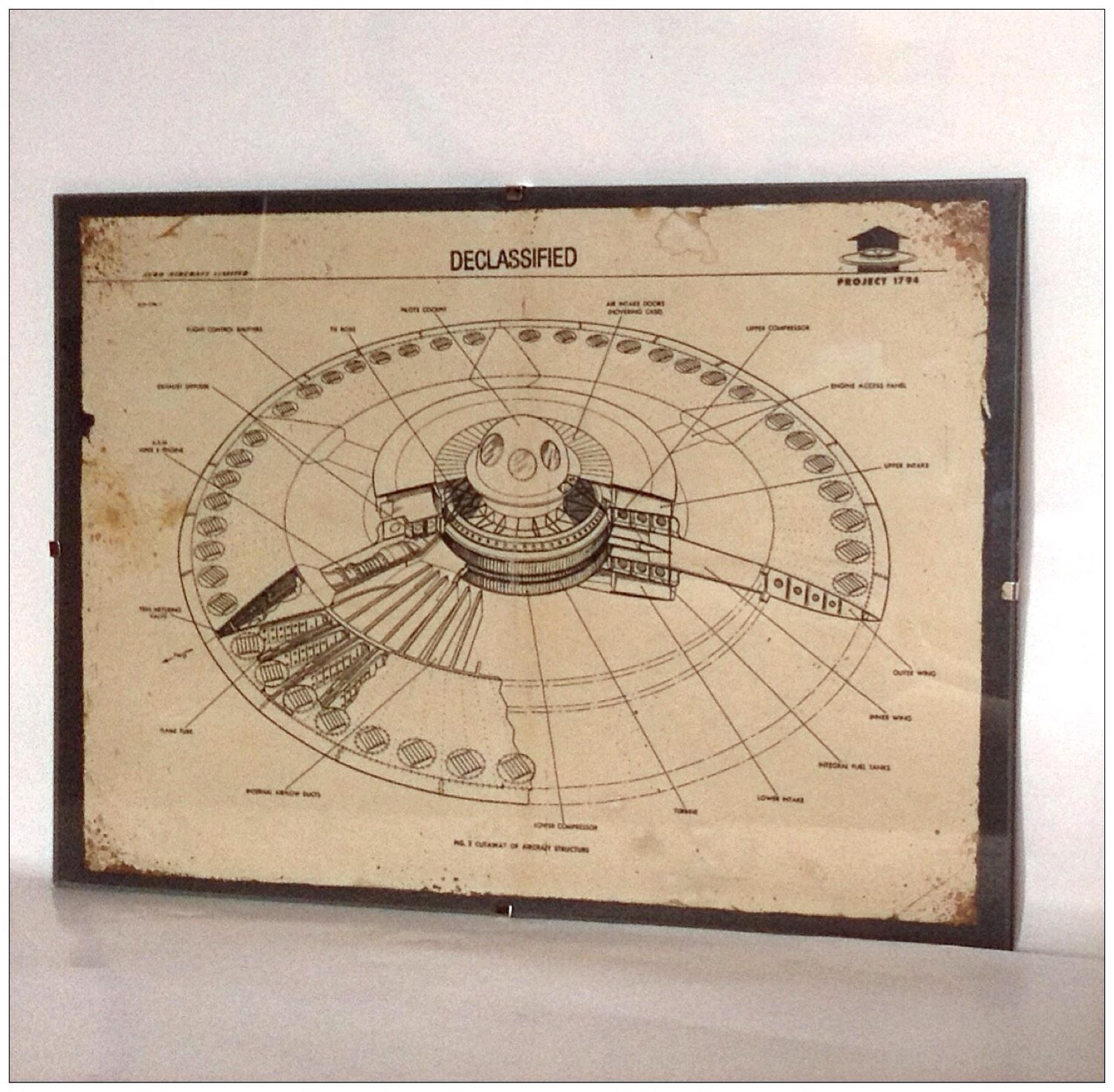 Aged Flying Disc Diagram Art Print: Declassified UFO Blueprint (A4