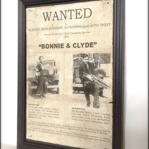 Bonnie and Clyde Wanted Poster Print. A4 size aged reproduction.