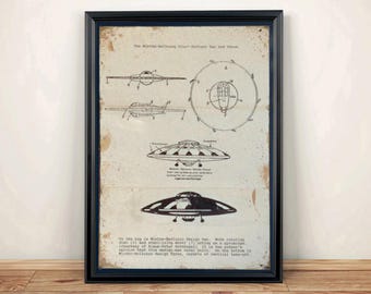 May include: A framed print featuring technical diagrams and illustrations of the Miethe-Belluzzo disc designs. The aged, off-white paper displays black line drawings of saucer-shaped aircraft, cross-sections, and descriptive text in a typewriter font.