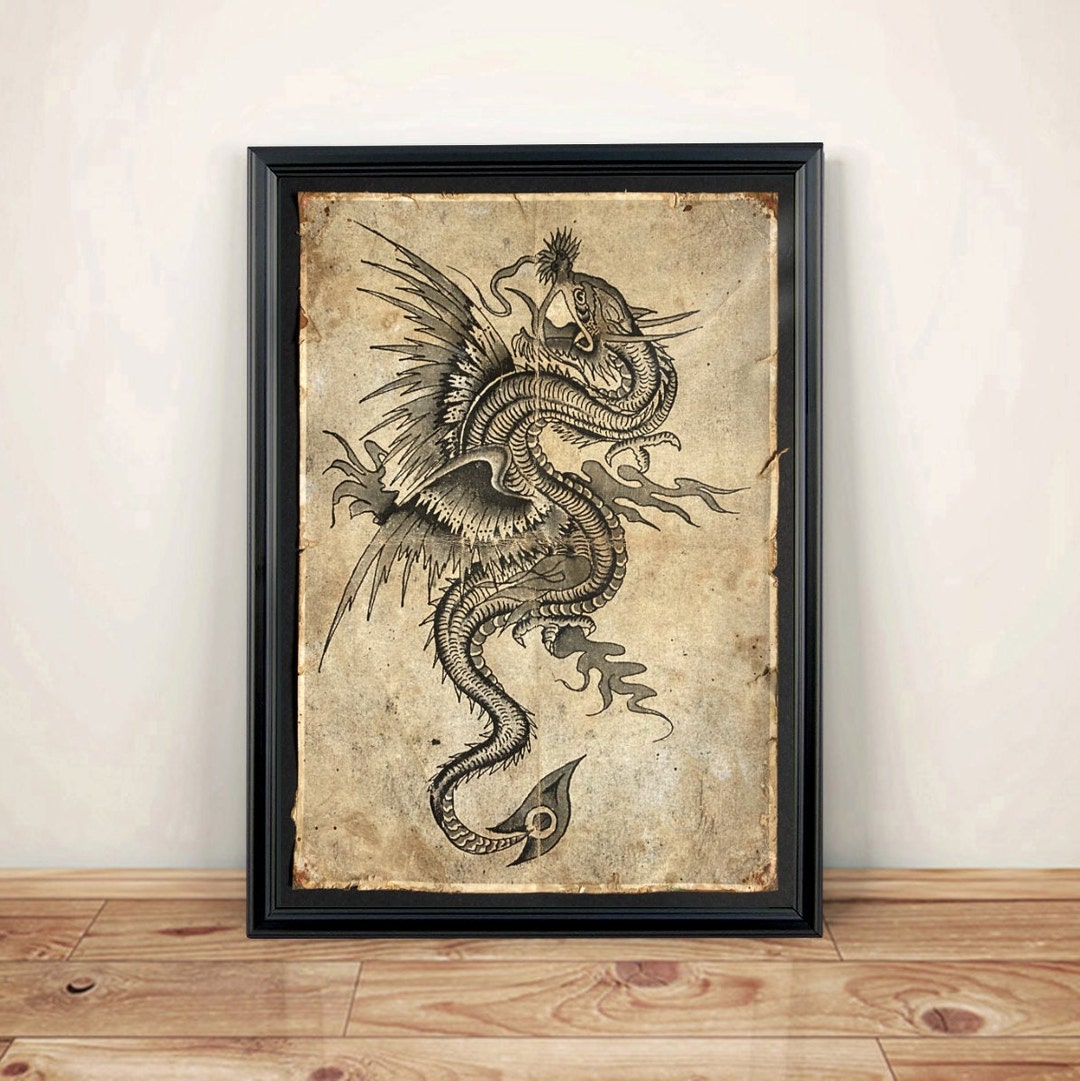 Vintage Dragon Tattoo . Art Print - A4 Size. Hand Aged. - Etsy