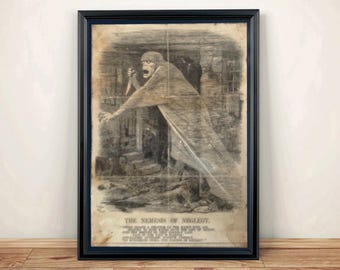 May include: A framed vintage-style print titled THE NEMESIS OF NEGLECT, featuring a dark, monochromatic illustration of a hooded figure holding a knife in a dilapidated room, with printed text below the image on aged, discolored paper.