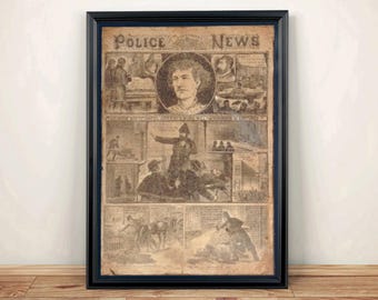 May include: A framed vintage newspaper print titled Police News featuring sepia-toned illustrations of historical crime scenes and a central portrait. The aged paper texture shows multiple detailed sketches of figures in Victorian attire within a black frame.
