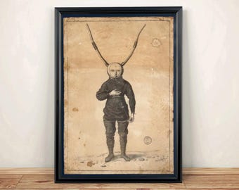 Weird illustration of a horned man! Hand aged - Art Print A4 size.