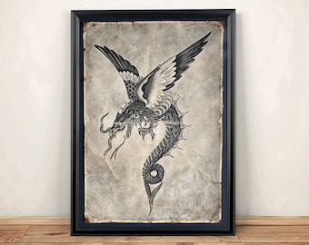 Aged Reproduction vintage dragon tattoo flash (3). Art print - A4 size.