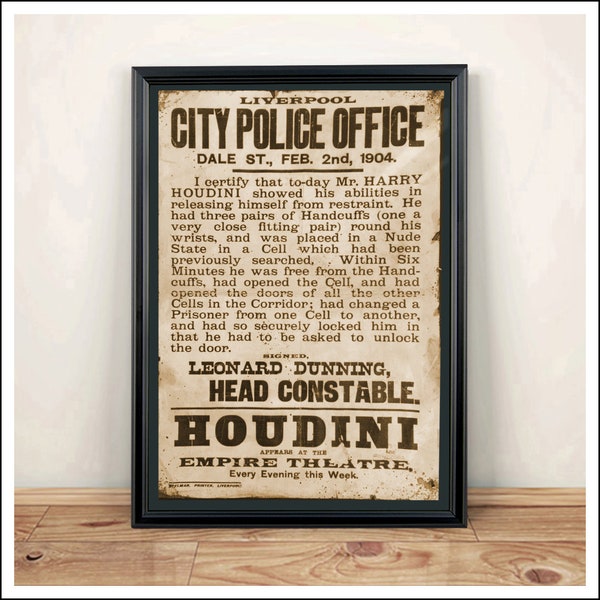 Houdini Poster. Art print - A4 size. Hand Aged.