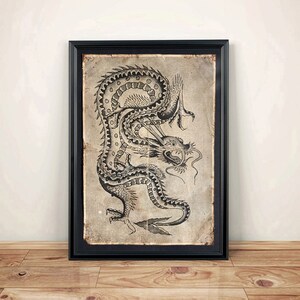 Aged Reproduction of a vintage dragon tattoo flash design (2). Art Print - A4 size.
