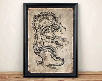 May include: Framed vintage-style print featuring a detailed black and white dragon illustration. The dragon is depicted with intricate scales, claws, and a long, flowing tongue. The artwork is set against a textured, aged paper background, framed in a black wooden frame.