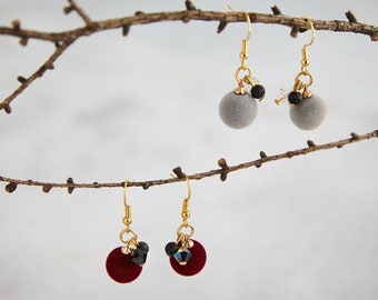 Gold colored stainless steel earrings, velvet lava stone earrings, Swarovski crystals,