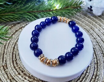 Elastic bracelet jade navy blue insertions stainless steel gold