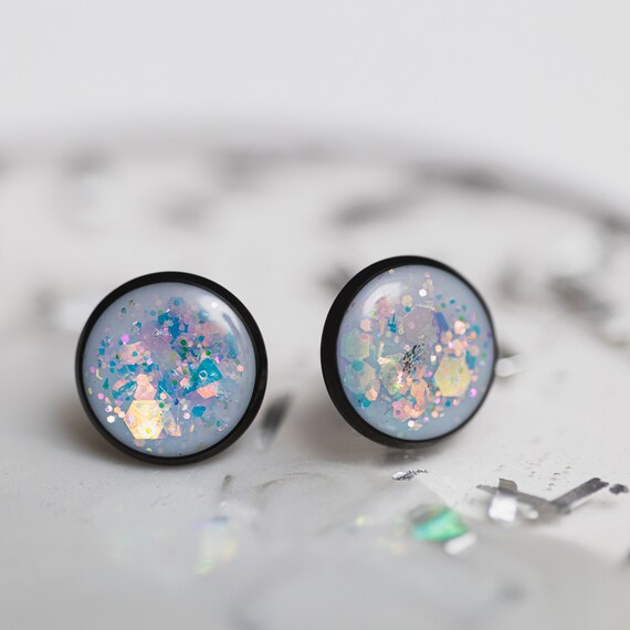 12mm or 8mm Stainless Steel Epoxy Resin Glitter Earrings