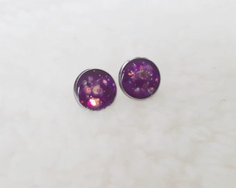 round earrings 8mm or 12mm stainless steel resin epoxy glitter