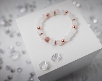 elastic semi-precious stone bracelet, bracelet for women with semi-precious stone, rose gold white agate bracelet