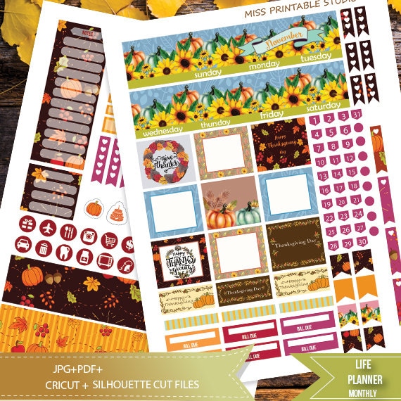 November Fall Thanksgiving Planner Stickers Compatible with Erin Condren Petite Monthly and Daily Planner