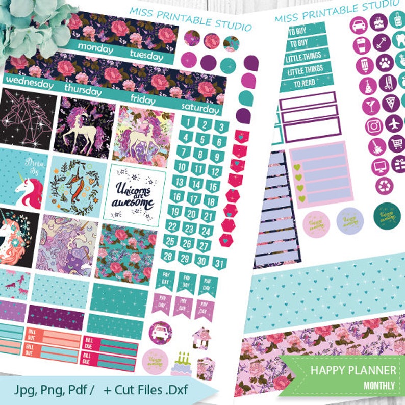 Unicorn Monthly Kit Planner Stickers Printable HAPPY PLANNER Etsy
