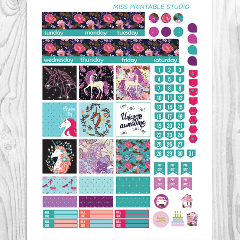 unicorn monthly kit planner stickers printable happy