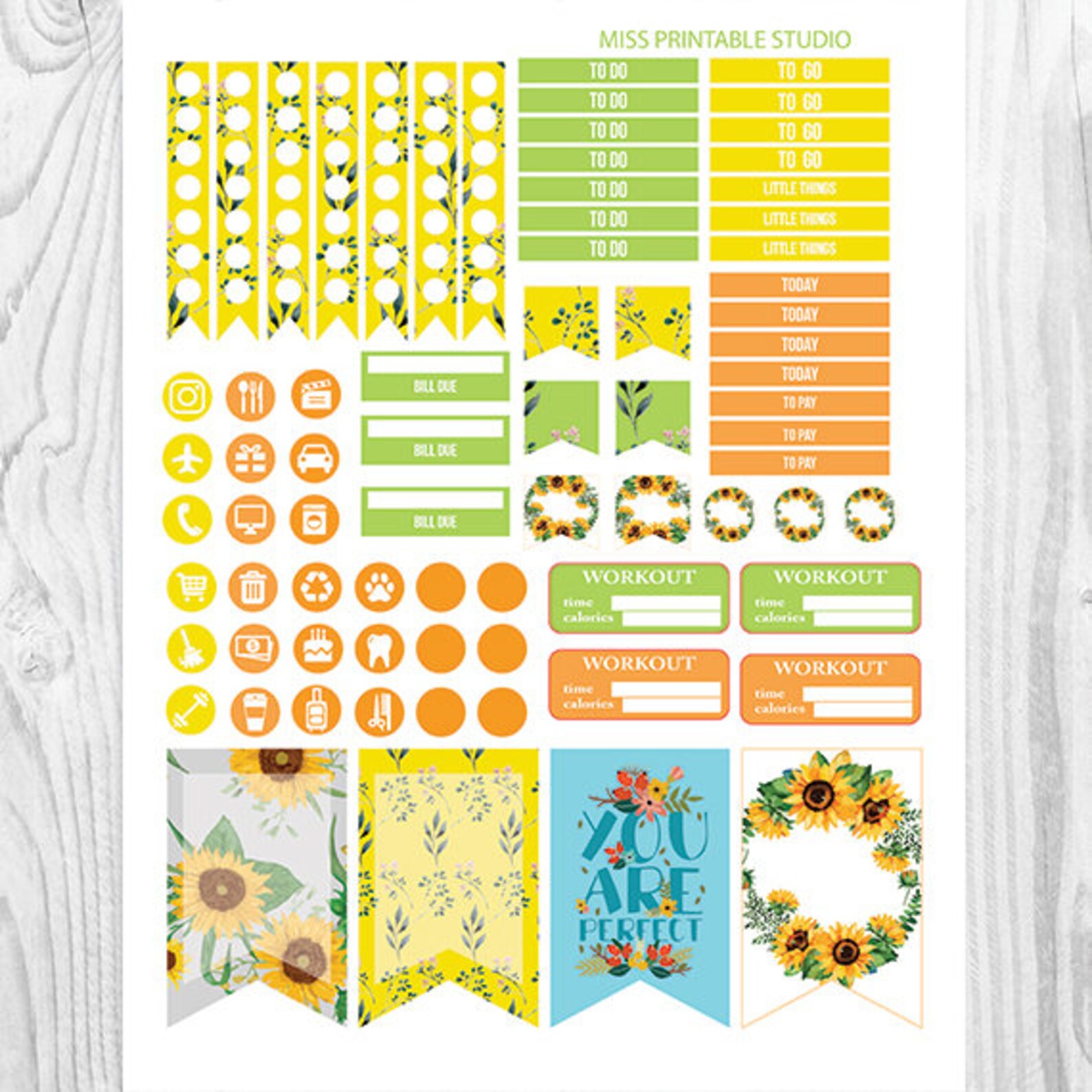 Sunflower Planner Stickers Printable Sunflowers Kit BIG MAMBI - Etsy