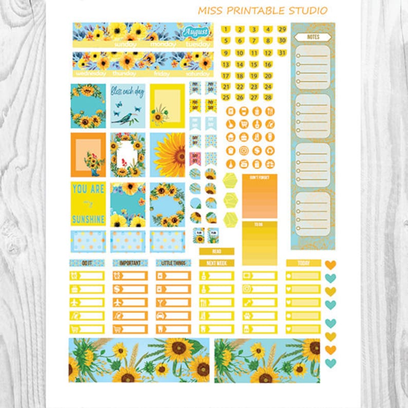 august planner stickers printablesunflowers monthly mini etsy