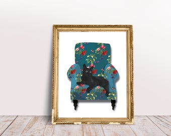 Black Cat on floral armchair Wall Art,  Wall Art Printable, Digital Download Art, Wall Art Decor, Home Decor Wall Art, INSTANT DOWNLOAD