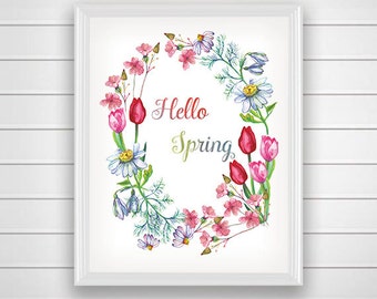 SALE 50% Hello Spring Printable, Hello Spring Print, Spring Wall Art, Spring Decor, Easter Tulips Printable Art, Spring Flowers