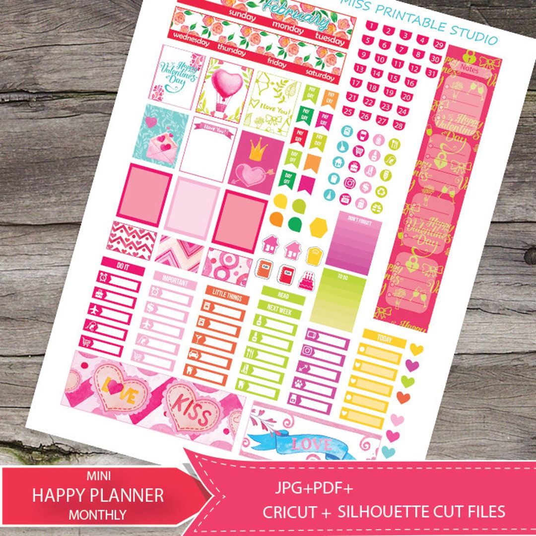 February Mini Planner Stickers Printable, Valentines Monthly Mini Happy ...