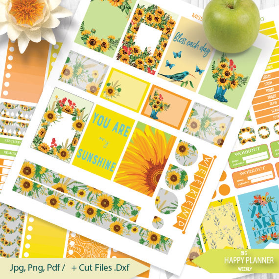 Sunflower Planner Stickers Printable Sunflowers Kit BIG MAMBI - Etsy