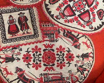 4 Vintage Swedish /Embroidered Mats in  Swedish Design with People red crème  black.