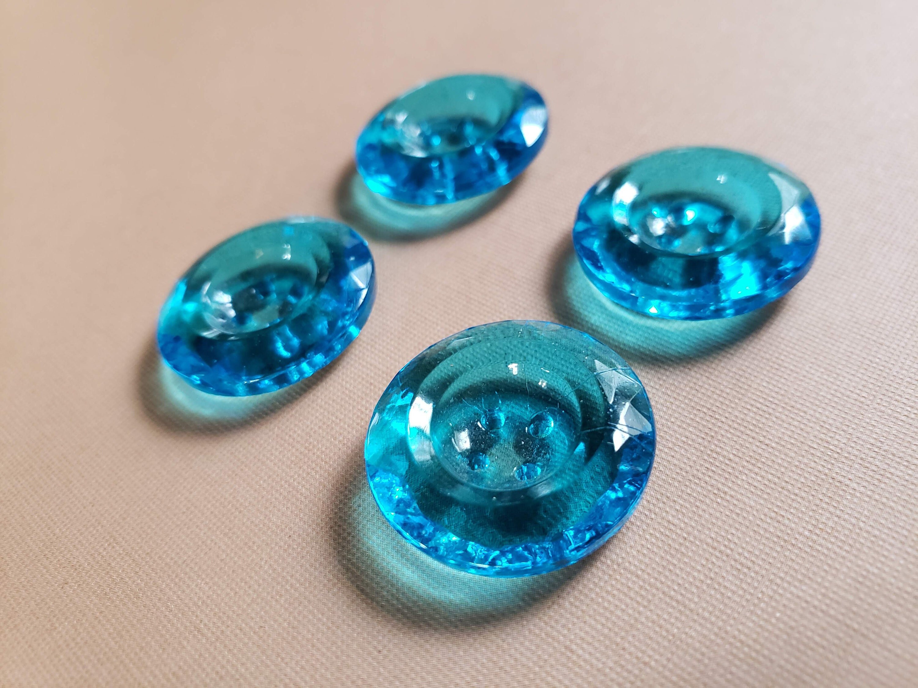 4 Vintage Beautiful Blue Glass Buttons Faceted.