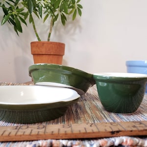 3 Pcs Heavy Hall Pottery sm cooking dishes Dk Green with white inside