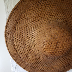 Vintage Woven Bamboo Rattan Hat (Lg) 1960s - Asian