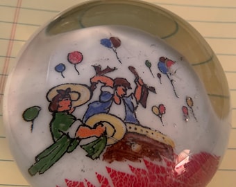 C 1960-70 Glass Paper Weight / Men in Boat with Guns/ Ballon’s