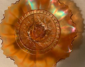 Antique Dugan Wind Flower Marigold Carnival Glass Ruffled Bowl