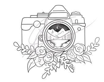 Coloriage appareil photo et aventure. Téléchargement numérique