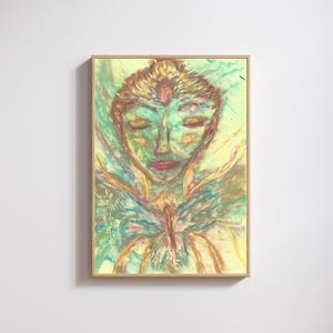 Patience - Grüne Tara Öl Pastell Kunst mit Schmetterlings Herz - A4 Original spirituelles Kunstwerk in Grün & Braun Tönen für Sacred Decor