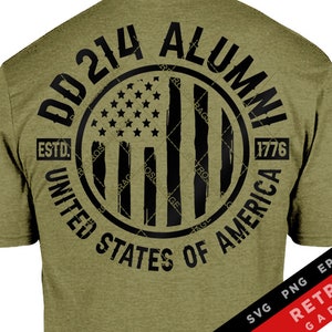 May include: A green t-shirt with a black circle graphic on the back. The graphic features a stylized American flag with the text "DD 214 ALUMNI ESTD. 1776 UNITED STATES OF AMERICA".