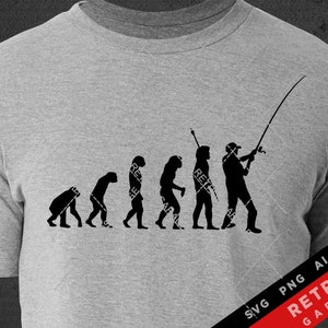 Peut inclure: Un t-shirt gris avec un graphique en silhouette noir et blanc de l'évolution de l'homme, se terminant par un homme tenant une canne à pêche.