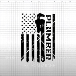 May include: A black and white graphic featuring a wrench and the word "PLUMBER" arranged vertically, superimposed on a distressed American flag design. The stars are in the upper left corner.