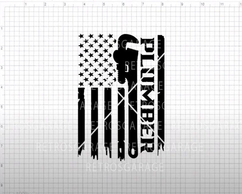 May include: A black and white graphic featuring a wrench and the word "PLUMBER" arranged vertically, superimposed on a distressed American flag design. The stars are in the upper left corner.