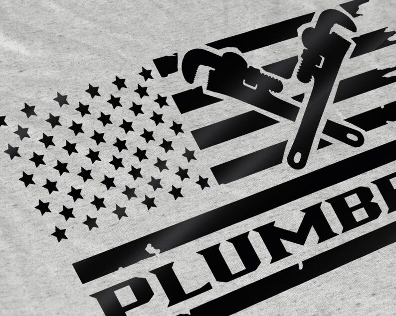 May include: A black and white graphic design of a wrench and pipe wrench crossed over a stylized American flag with the word "PLUMBER" below.