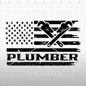 May include: Black and white distressed American flag design with two crossed wrenches and the word "PLUMBER" below.