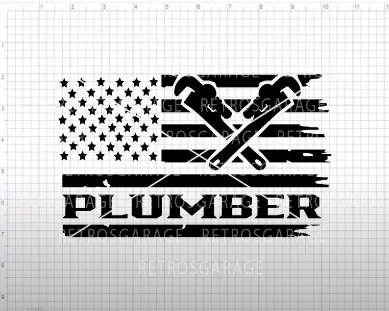 May include: Black and white distressed American flag design with two crossed wrenches and the word "PLUMBER" below.