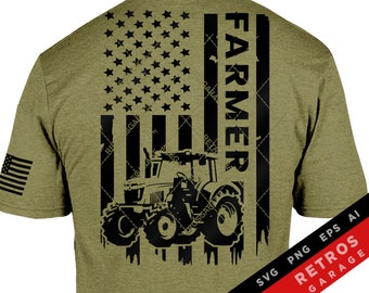 May include: A green t-shirt with a black and white American flag design featuring a tractor and the word "FARMER".