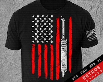 May include: A black t-shirt with a distressed American flag design featuring a white wrench tool. The text "RETR0S GARAGE" is in white letters on a black background with the words "SVG PNG EPS AI" in white letters on a black background.