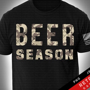 May include: Black t-shirt with a camouflage pattern design. The text "BEER SEASON" is printed in white letters on the shirt.