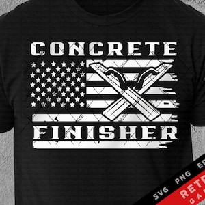 May include: Black t-shirt featuring a distressed American flag design with the words "CONCRETE FINISHER" in white block letters. Two crossed concrete finishing tools are superimposed over the flag.