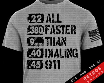 May include: A gray t-shirt with a black graphic print that reads ".22 ALL FASTER THAN DIALING .45 911". The graphic is in a distressed font style. The t-shirt also features a small American flag in the upper right corner.