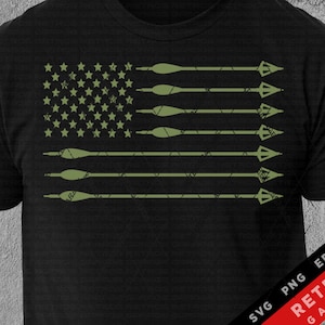 May include: A black t-shirt with a green American flag design featuring arrows instead of stripes. The text "RETR0S GARAGE" is in the bottom right corner with the words "SVG PNG EPS AI" above it.