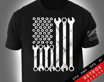 Diseño de llave inglesa y tuerca con la bandera de EE. UU. para mecánicos (archivo digital). Regalo para papá. Diseño de ropa para hombre. Regalos para él.